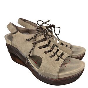 Bionica Ghillie Sirus Women's 10 Stone Tan Lace Up Wedge Suede Leather Sandals